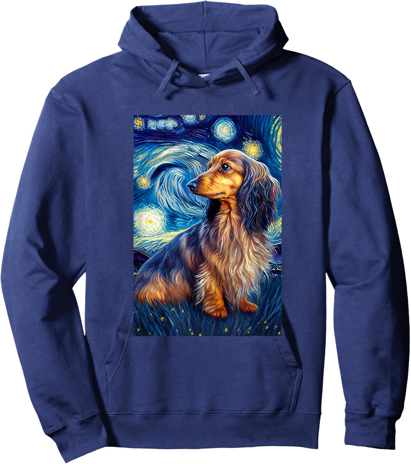 long hair Dachshund in Starry Night Painting Dog Mom Dad Hoodie - Hoodie | Navy