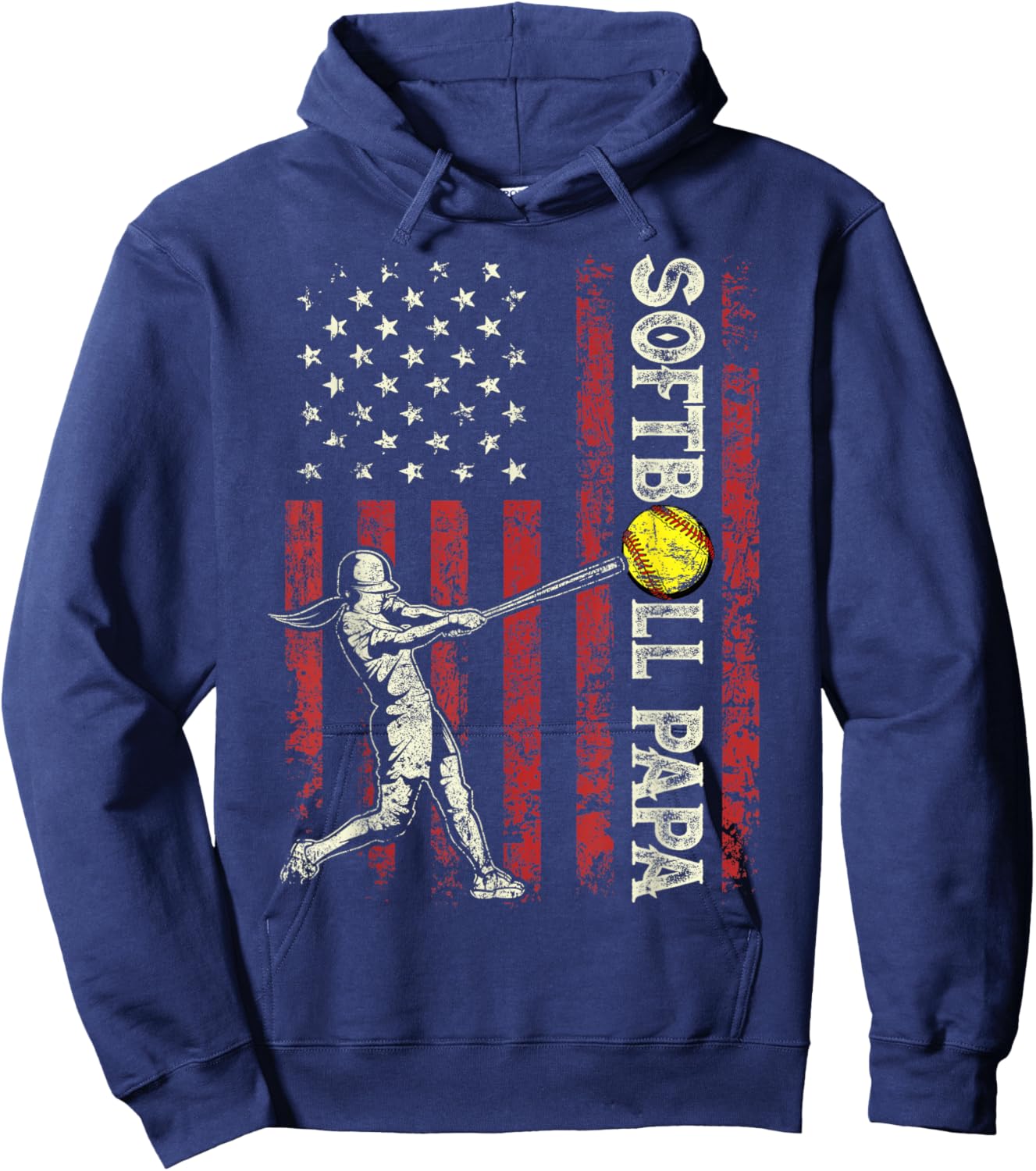 Softball Papa US Flag Gifts Dad Men Patriotic Father's Day Hoodie - Hoodie | Navy