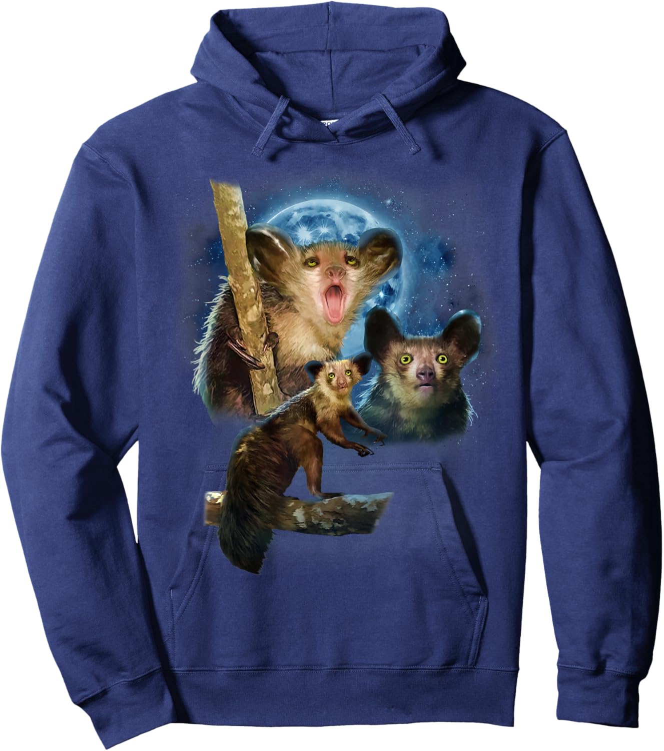 Howling at The Moon Shirt and Apparel Co. Aye-Aye Lemur - Black, -Adults, Kids - Short Sleeve, Modern, Cartoon, Animal-Themed Shirts Hoodie - Hoodie | Navy
