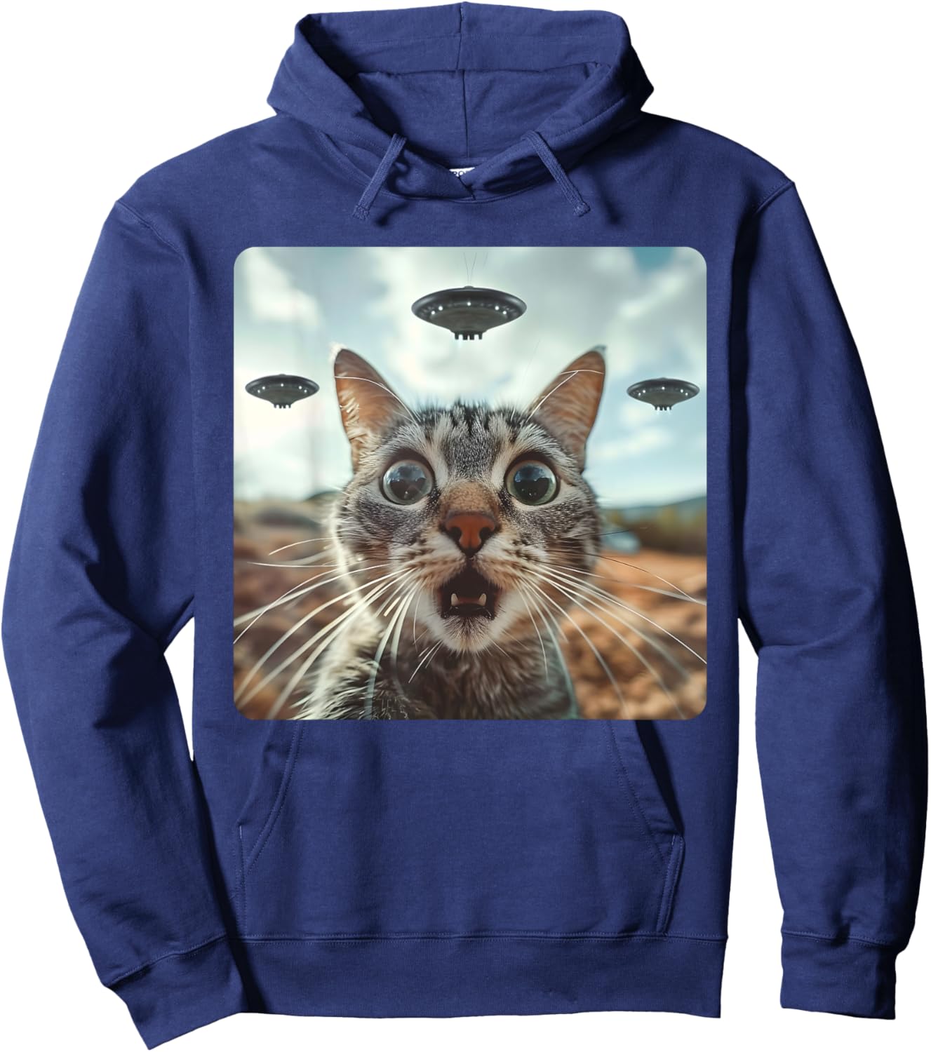 Extraterrestrial Encounter: Cat Selfie with Alien UFO Hoodie - Hoodie | Navy