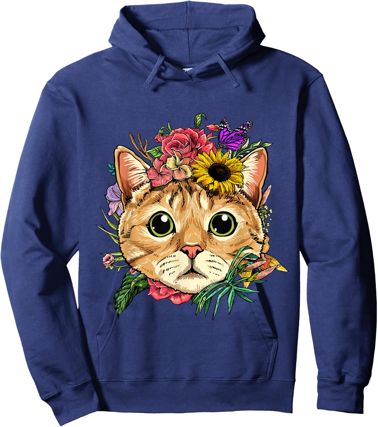 Floral Cat Spring Nature Cat Lovers Hoodie - Hoodie | Navy