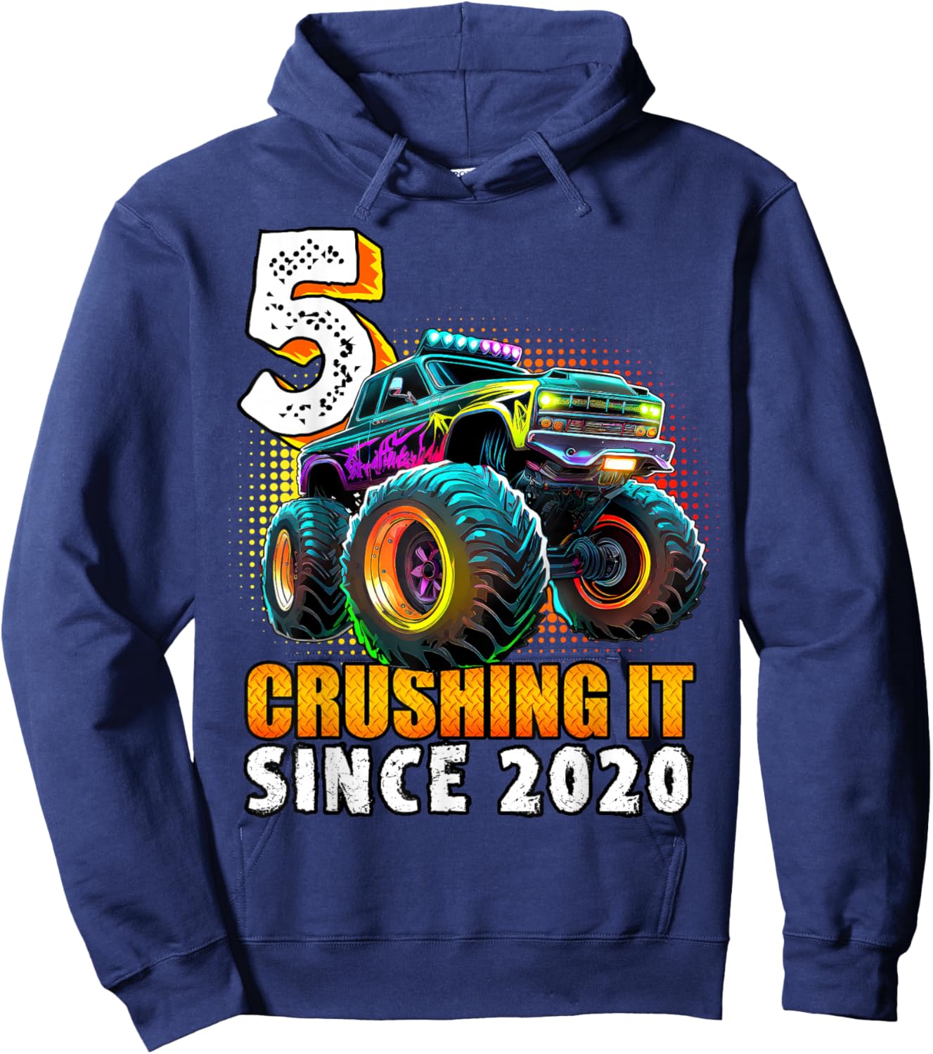 Birthday Monster Truck 5 year Old Boys 5th Party Born 2020 Hoodie - Hoodie | Navy