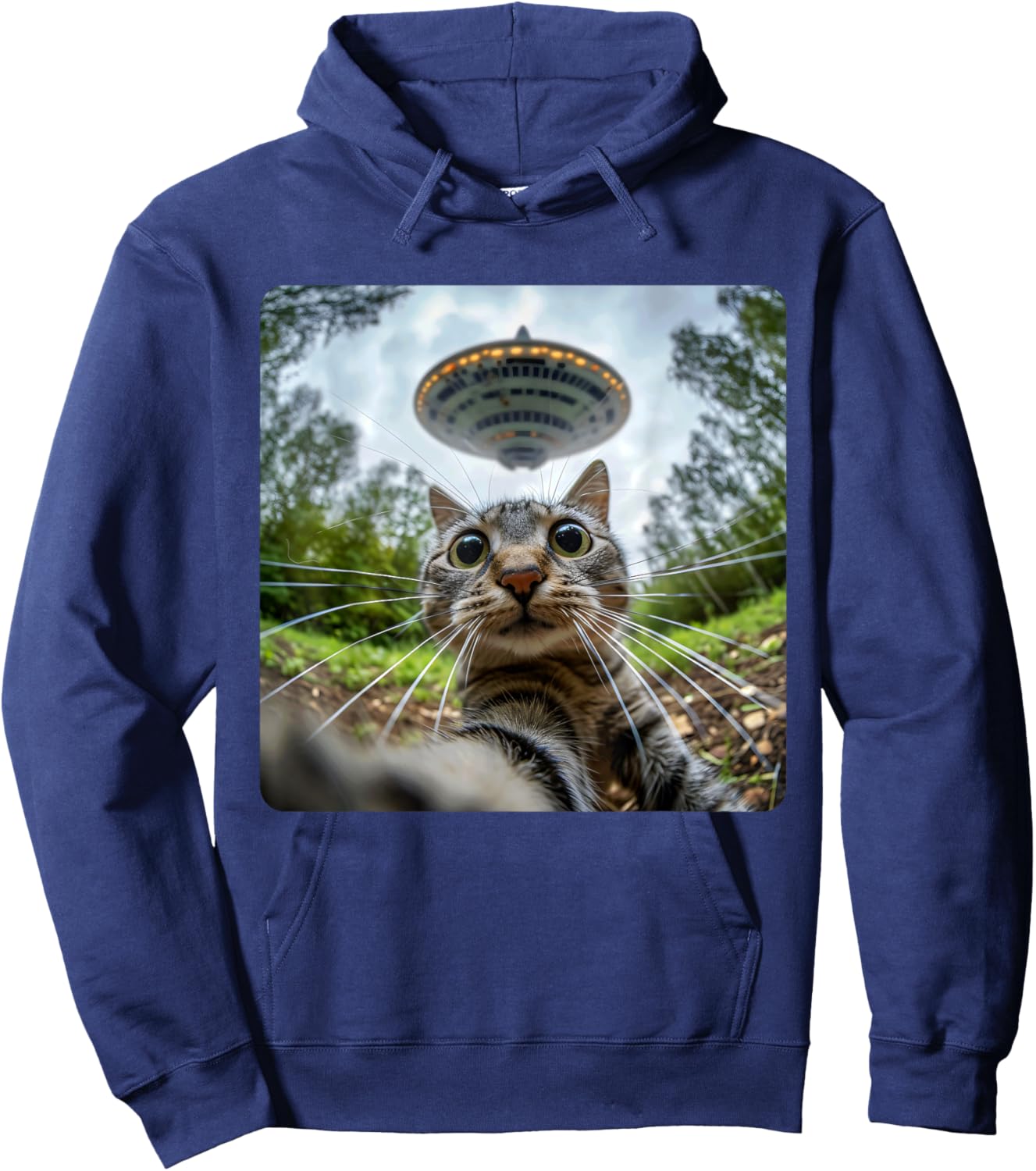 Extraterrestrial Encounter: Cat Selfie with Alien UFO Men Women Kids Hoodie - Hoodie | Navy