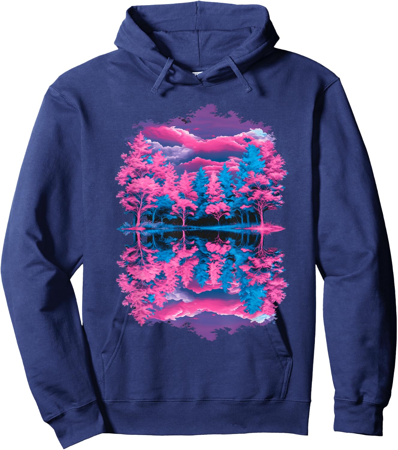 Pink Blue Vaporwave Retro Trees Reflection Serene Lake Art Hoodie - Hoodie | Navy