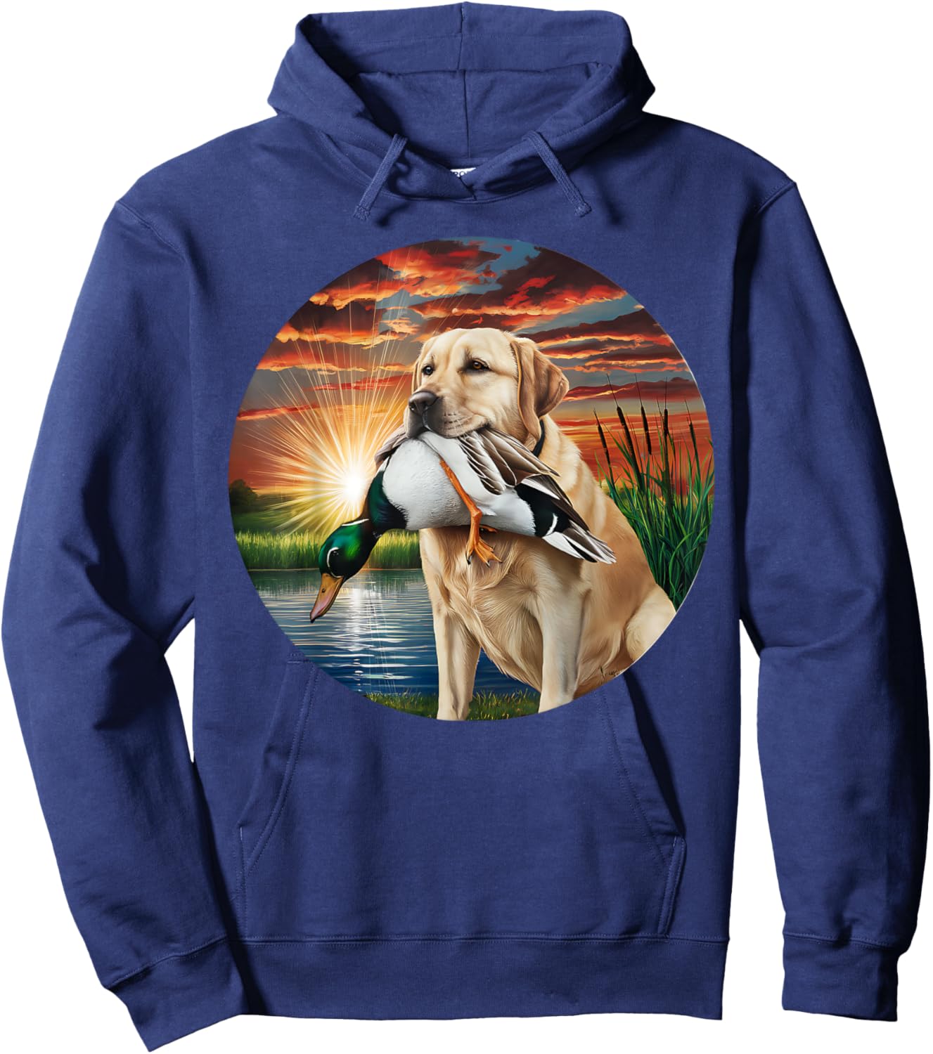 A Hunting Labrador Retriever dog with a duck in the sunset. Women Hoodie - Hoodie | Navy