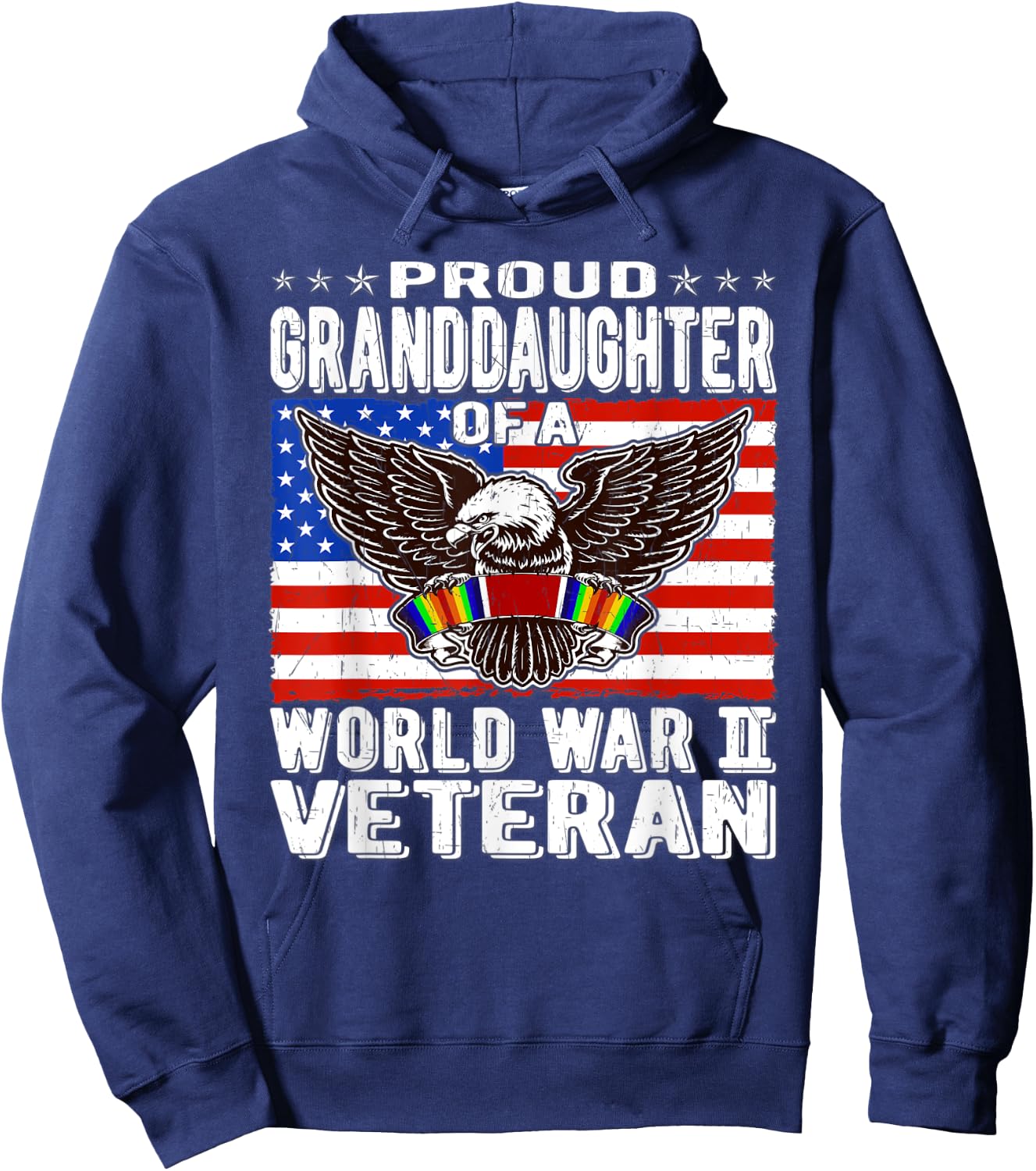 Proud Granddaughter Of A World War 2 Veteran WW2 Ribbon Gift Women Kids Men Hoodie - Hoodie | Navy