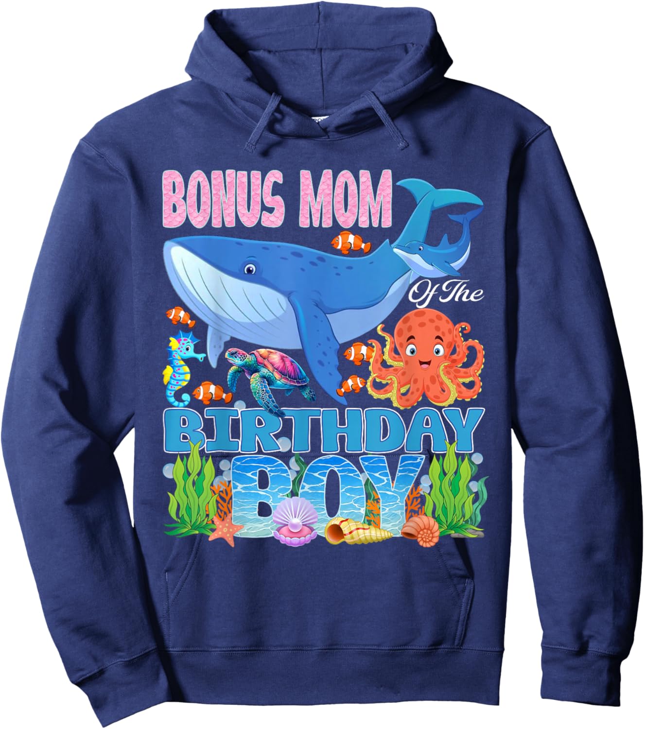 Bonus Mom of The Birthday Boy Aquarium Sea Animals Matching Hoodie - Hoodie | Navy
