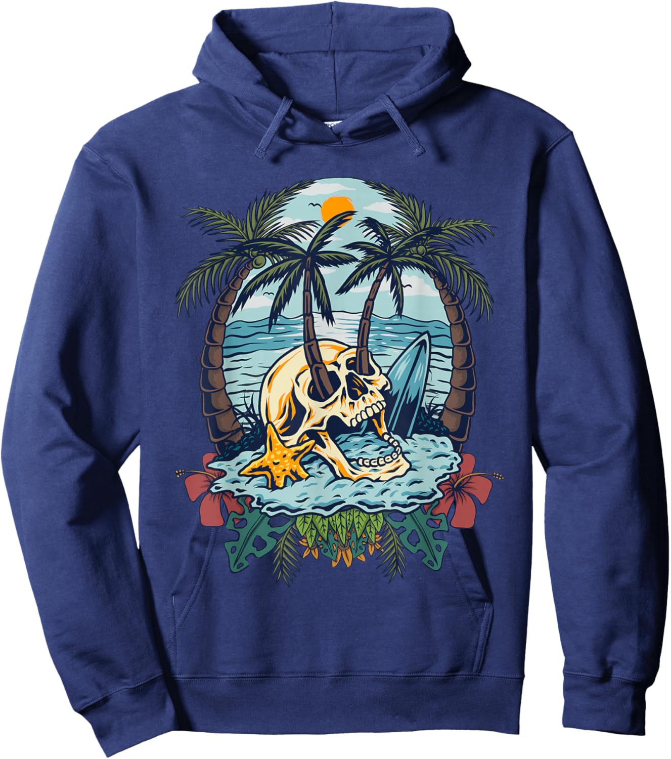 Vintage Palm Tree Skull Summer Beach Men Motorcycle Tattoo Hoodie - Hoodie | Navy
