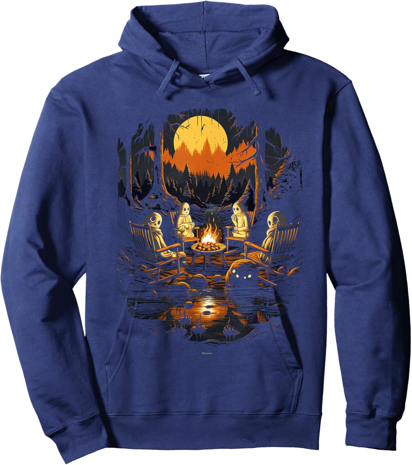 Vintage Ghost and Skeleton by Fire Camping Gothic Halloween Hoodie - Hoodie | Navy