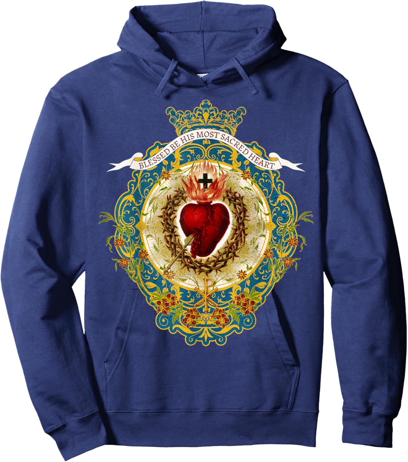 Sacred Heart of Jesus Symbol Divine Praises Vintage Catholic Hoodie - Hoodie | Navy