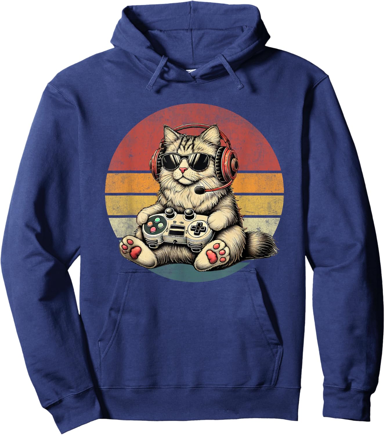 Kitten Cat Playing Video Games Vintage Funny Cat Gaming Men Women Kids Hoodie - Hoodie | Navy