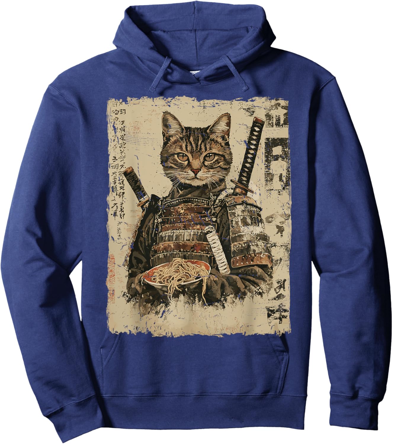 Samurai Cat Loves Ramen Funny Anime Japanese Artwork Samurai Hoodie - Hoodie | Navy