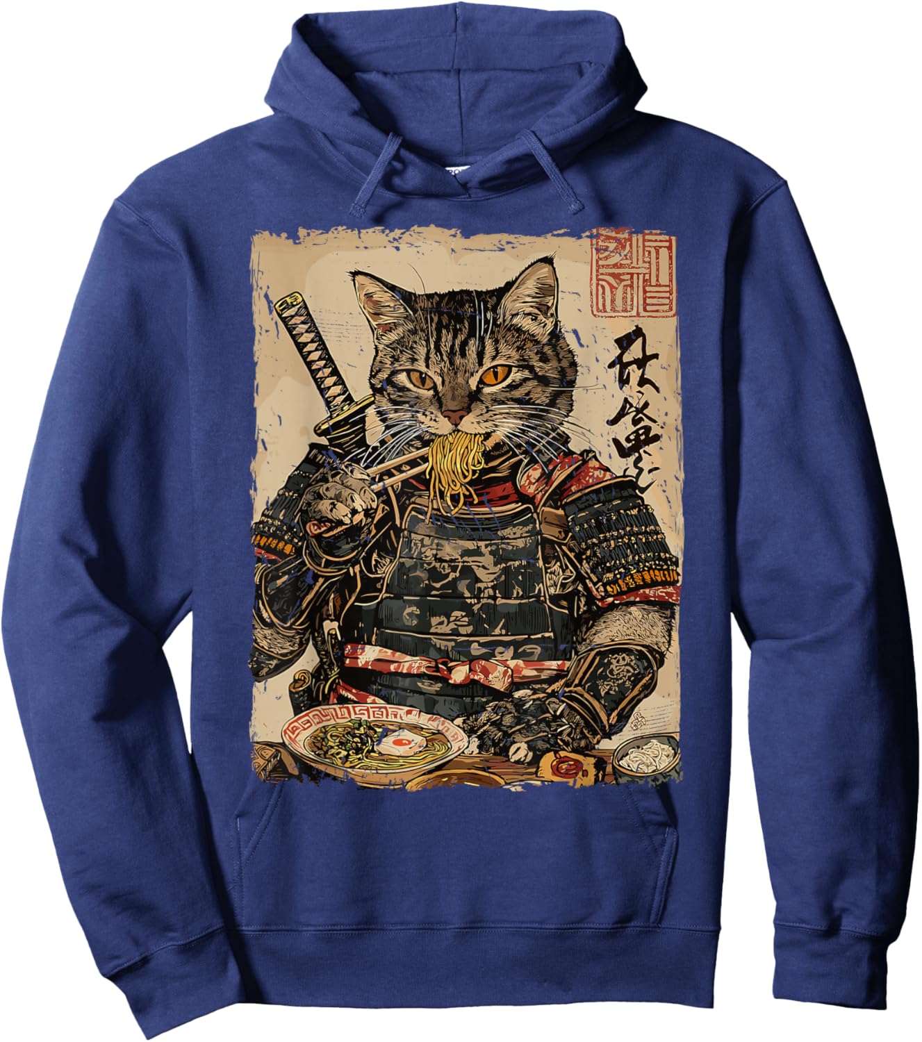 Samurai Cat Loves Ramen Funny Anime Japanese Artwork Samurai Hoodie - Hoodie | Navy