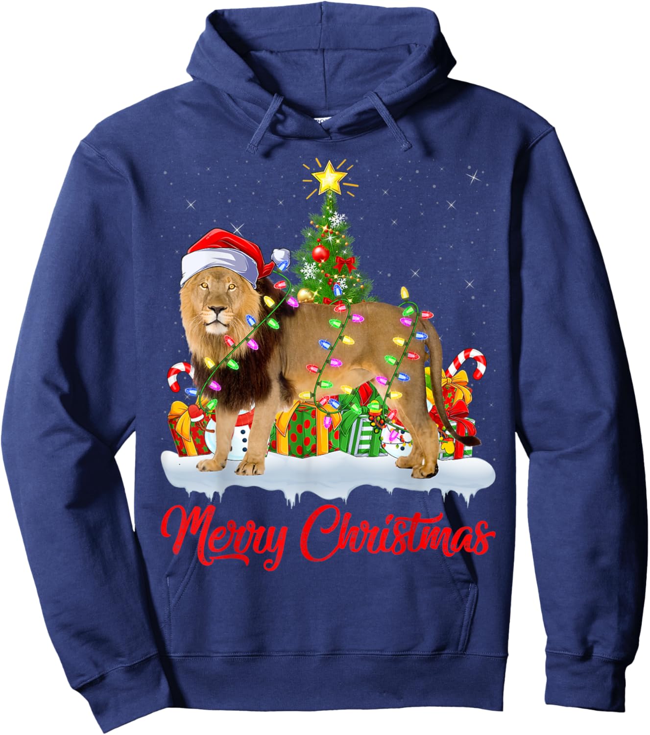 Lion Xmas Tree Lighting Santa Lion Christmas Hoodie - Hoodie | Navy