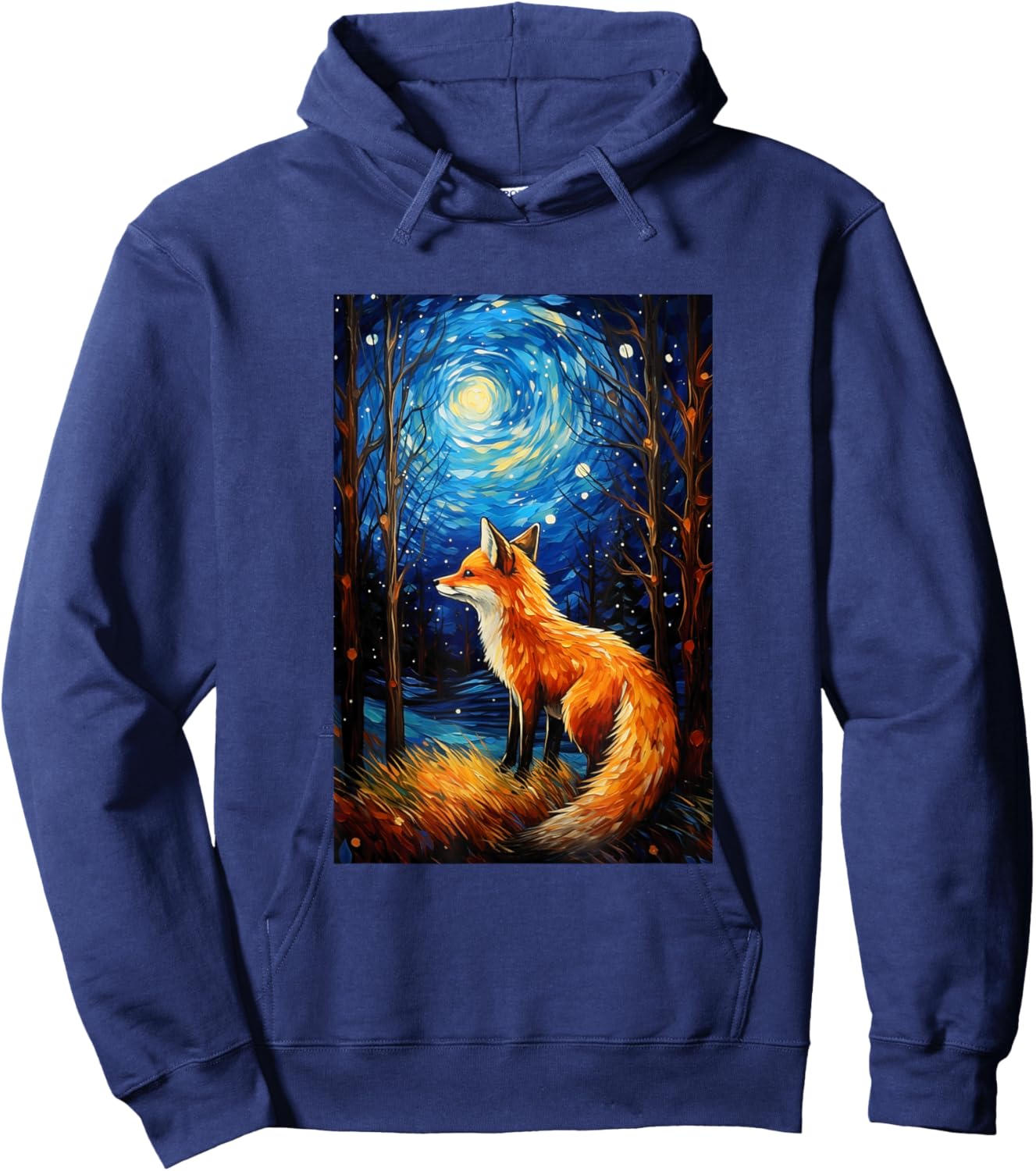 Cute Fox Van Gogh Style Starry Night Graphic Hoodie - Hoodie | Navy