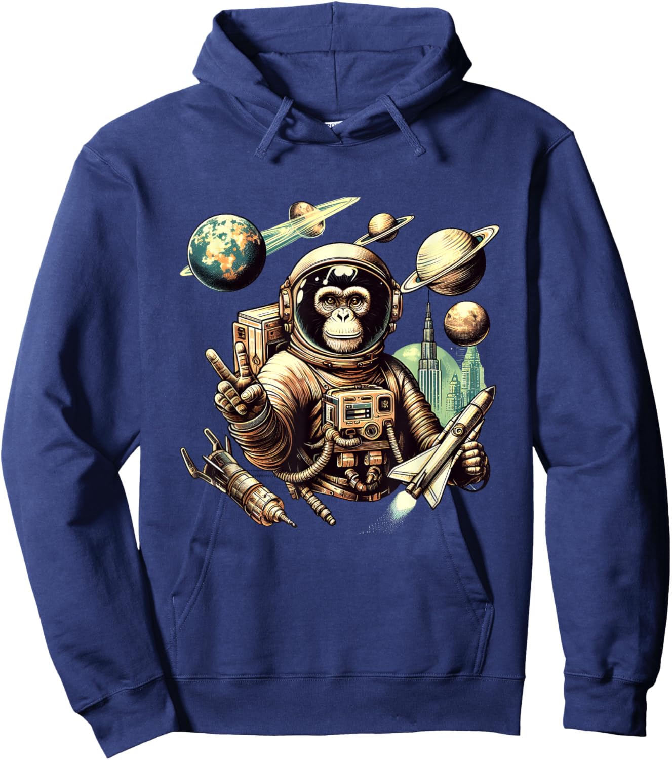 Space Vintage Travel Astronaut Monkey Holding Spaceship Hoodie - Hoodie | Navy