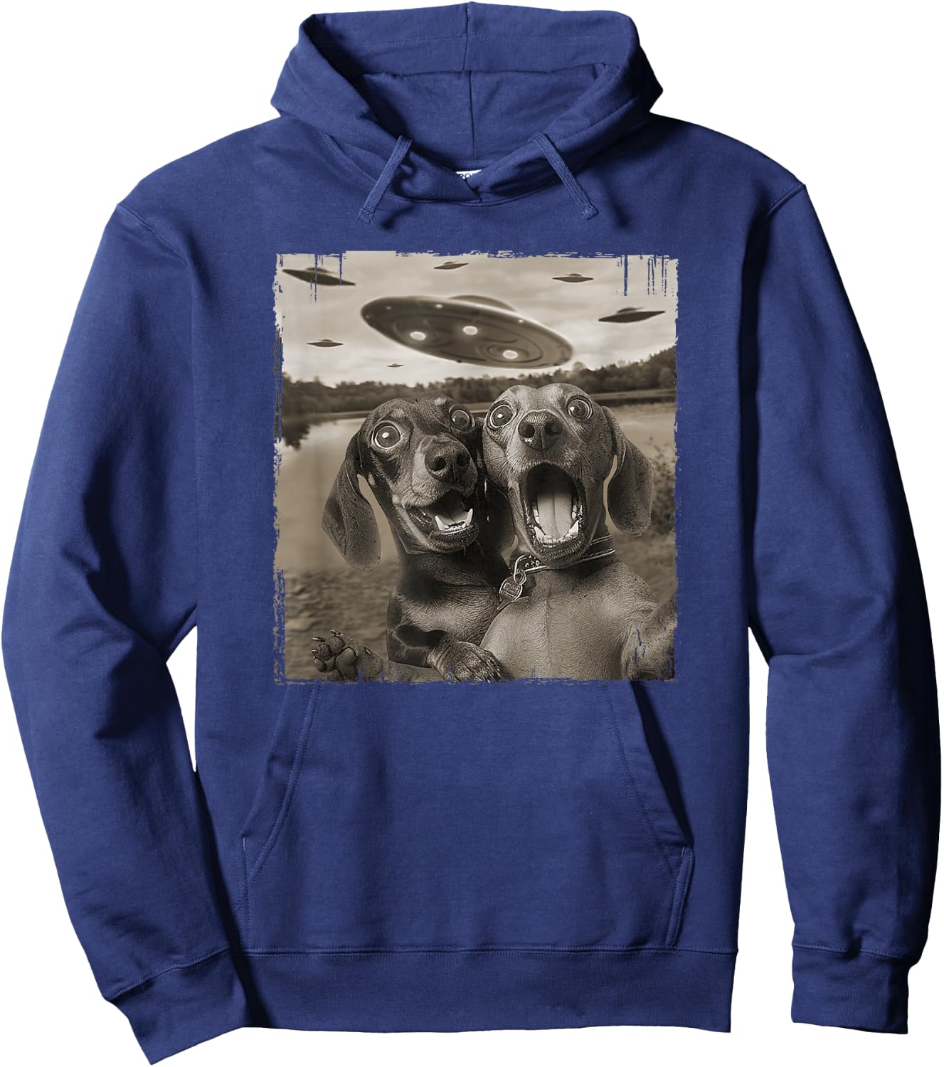 Vintage Weiner UFO Encounters Funny UFO and Dachshund Selfie Hoodie - Hoodie | Navy