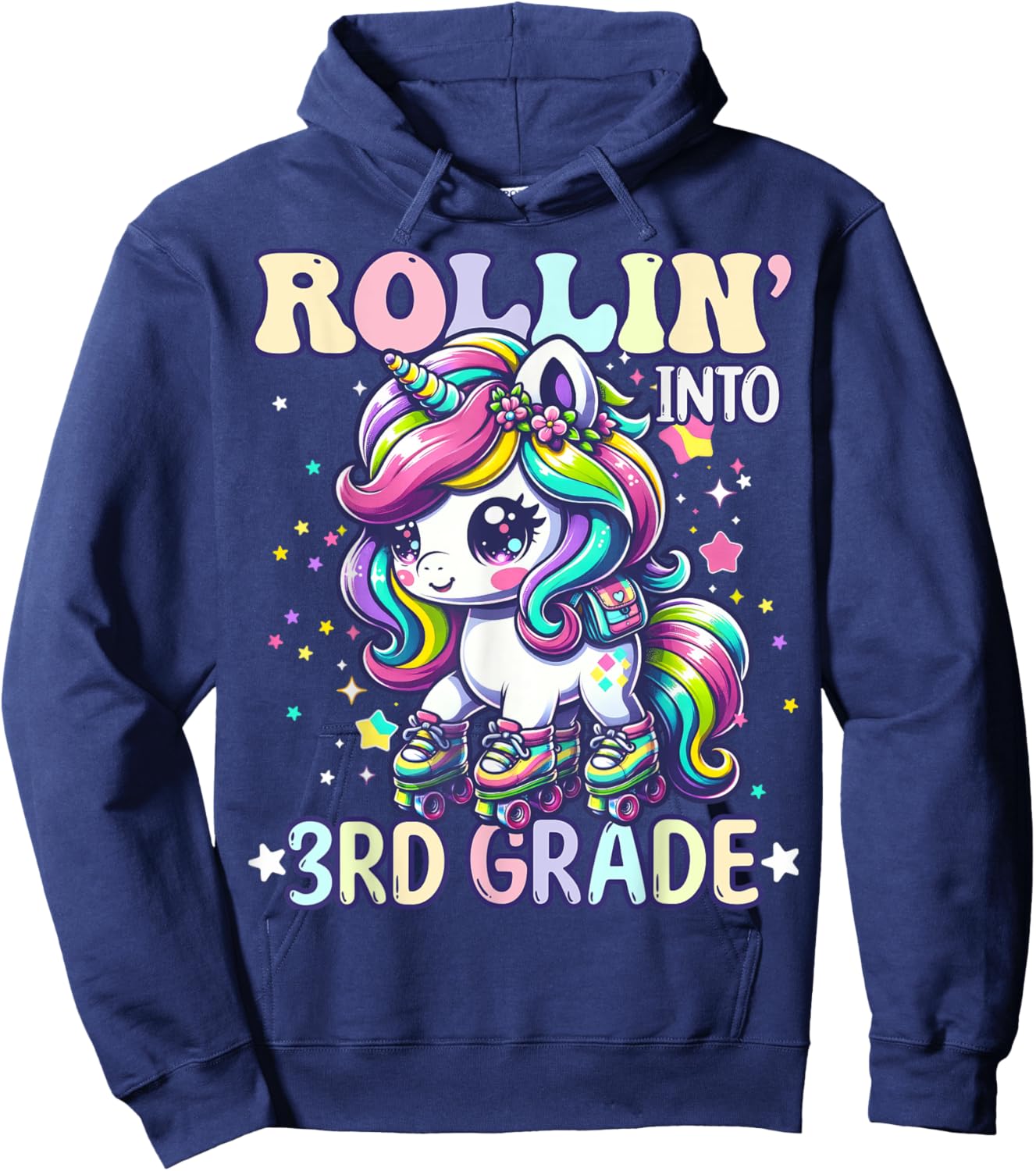 3rd Grade Back To School First Day Girl Rollin Unicorn Hoodie - Hoodie | Navy