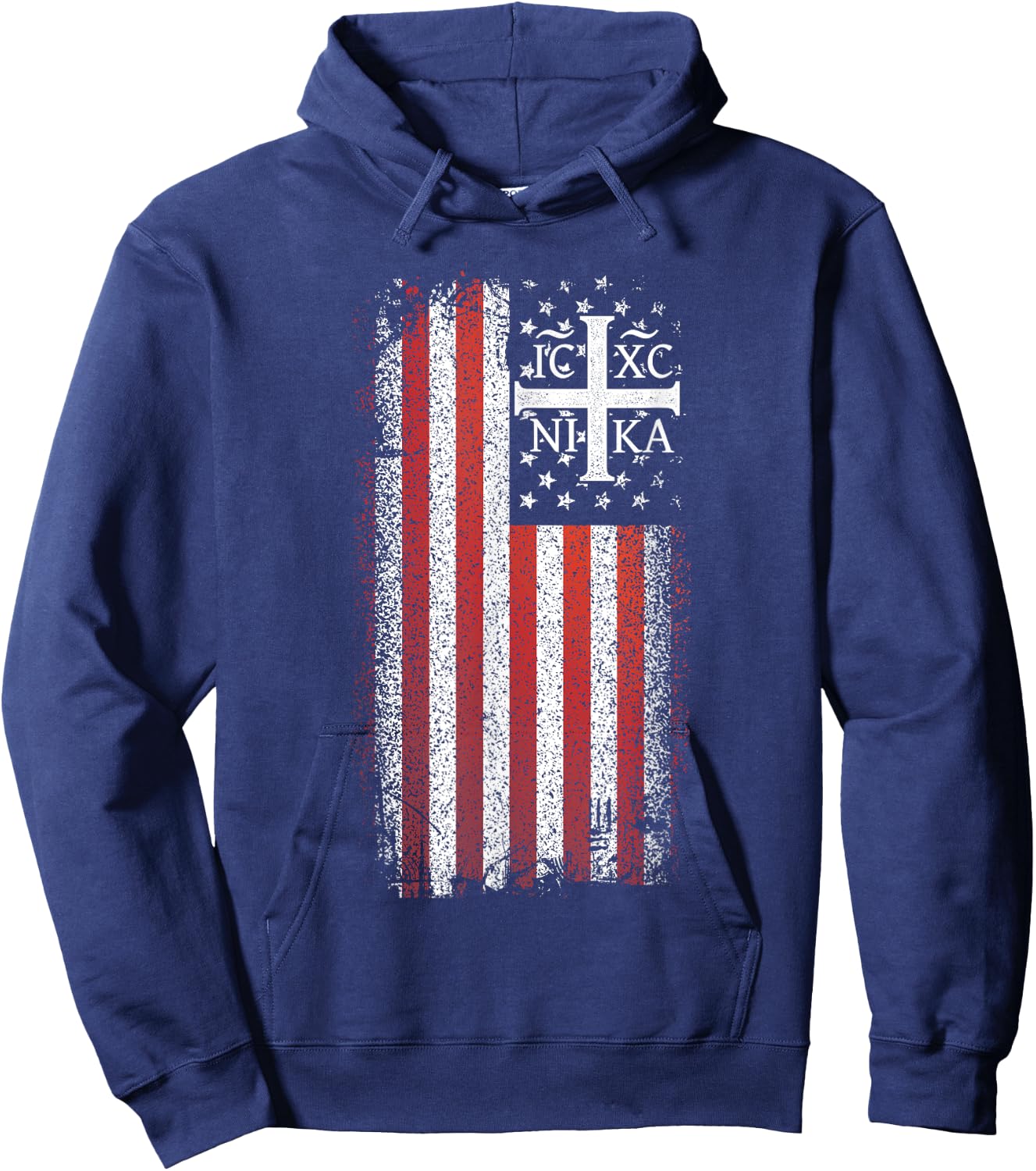 ICXC NIKA Christogram Cross American Flag Christian Hoodie - Hoodie | Navy