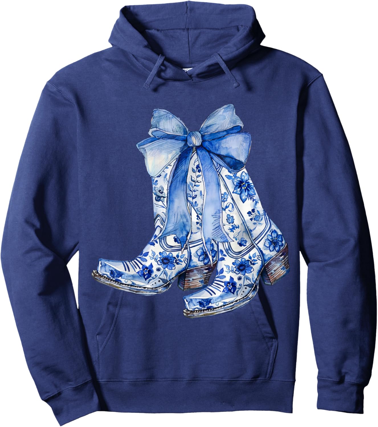 Coquette Blue Floral Boots Bow Cowboy Cowgirl Hoodie - Hoodie | Navy