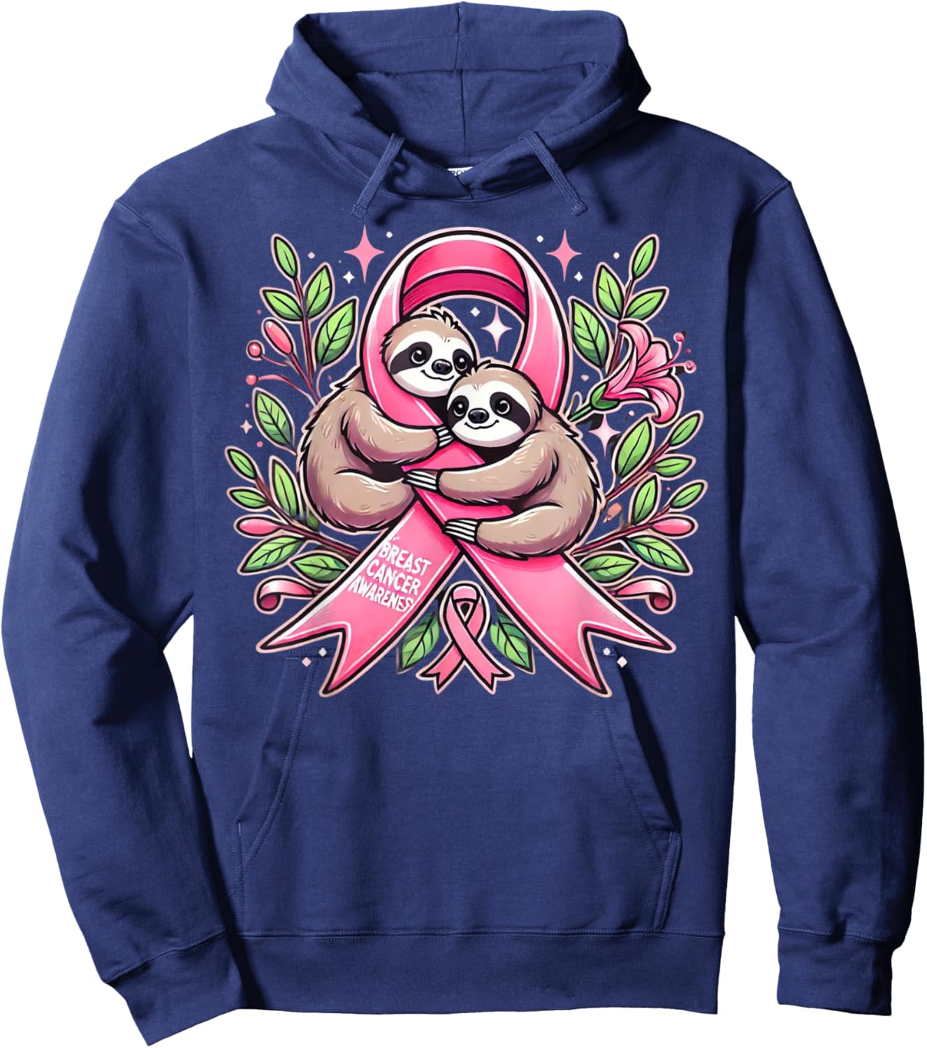 Breast Cancer Awareness Sloth Ribbon Hoodie - Hoodie | Navy