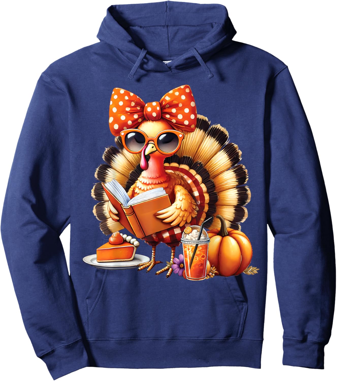 Cute Turkey Reading Book Lovers Thanksgiving Bow Hoodie - Hoodie | Navy