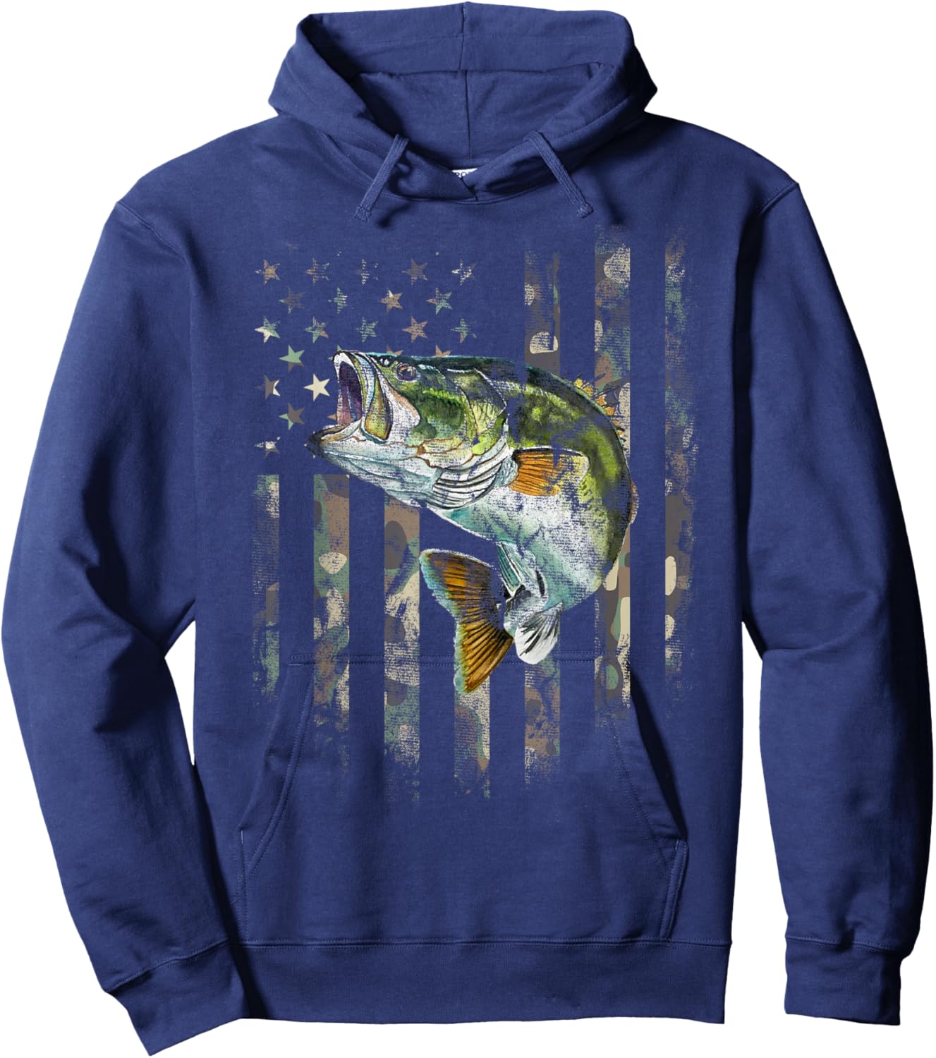 Camo American Flag Bass Fishing Fishermen Patriotic USA Flag Hoodie - Hoodie | Navy