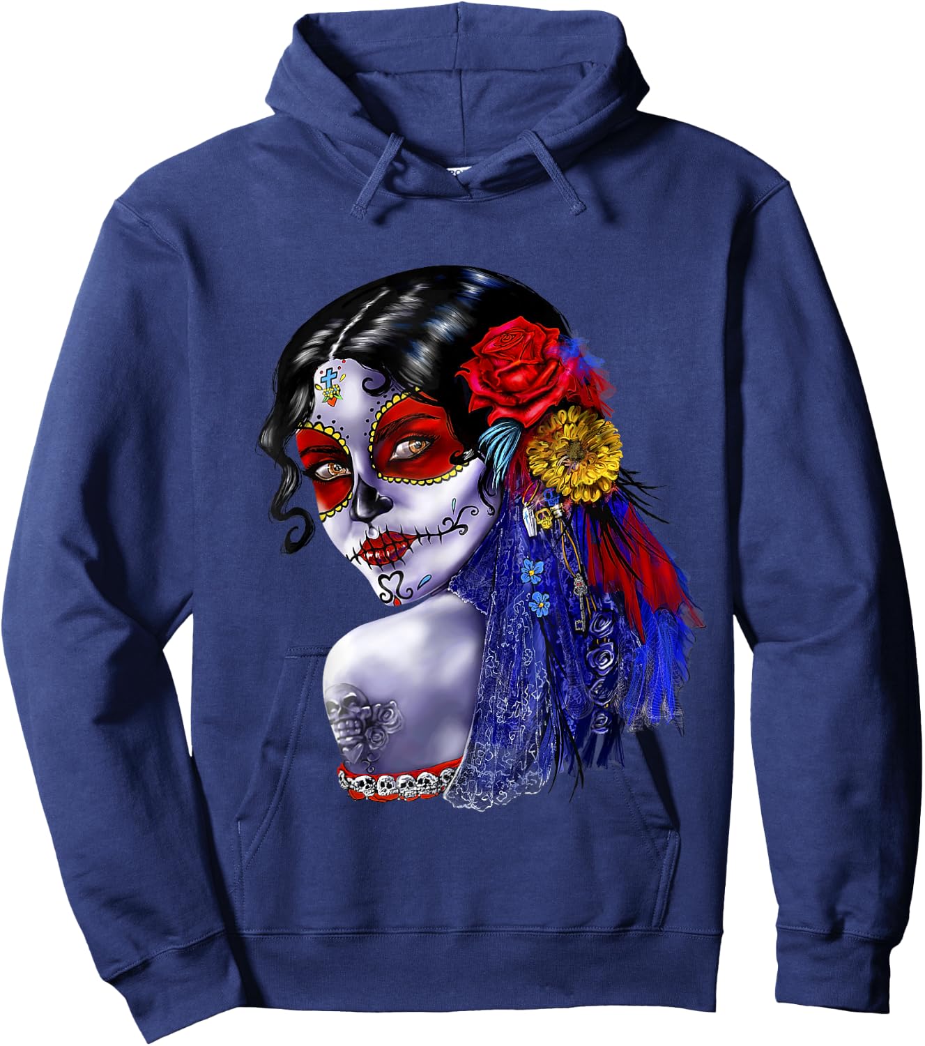 Day Of The Dead Beauty With Flowers Hoodie - Hoodie | Navy