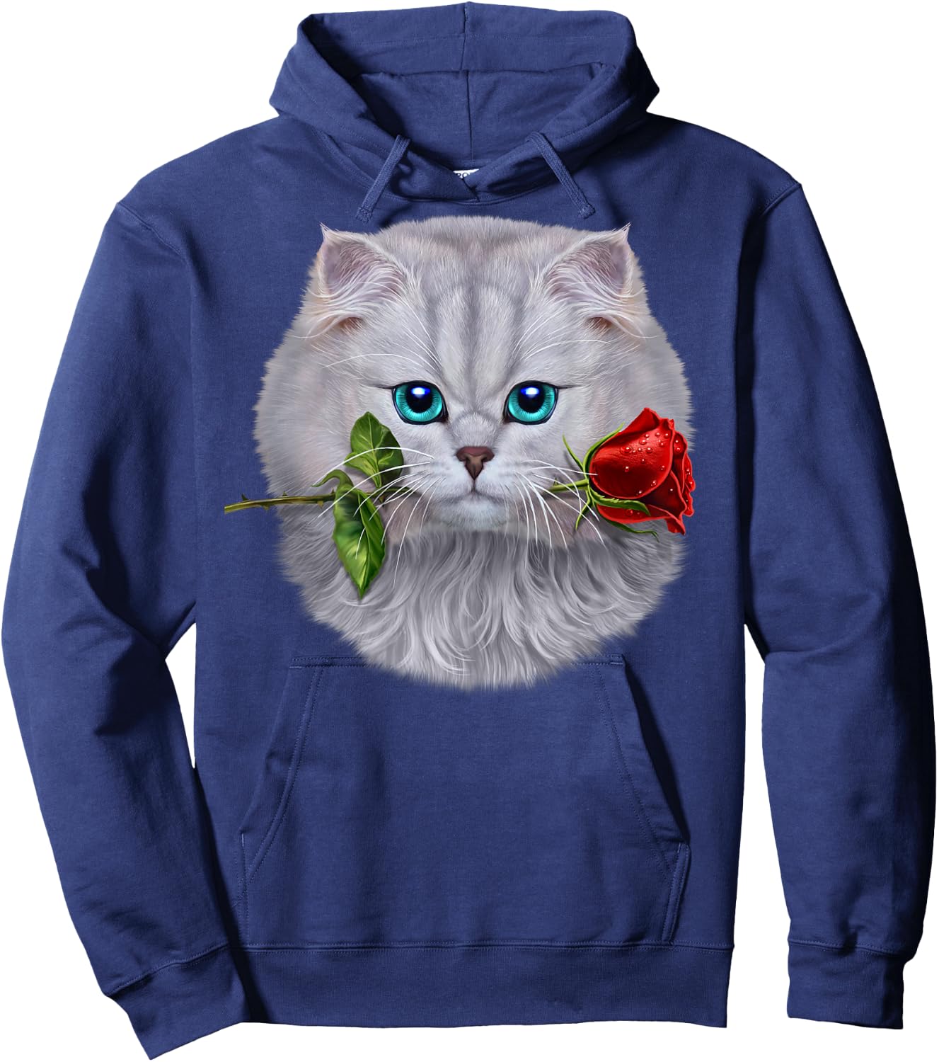 Romantic Fluffy White Cat Biting on a Rose Flower Hoodie - Hoodie | Navy
