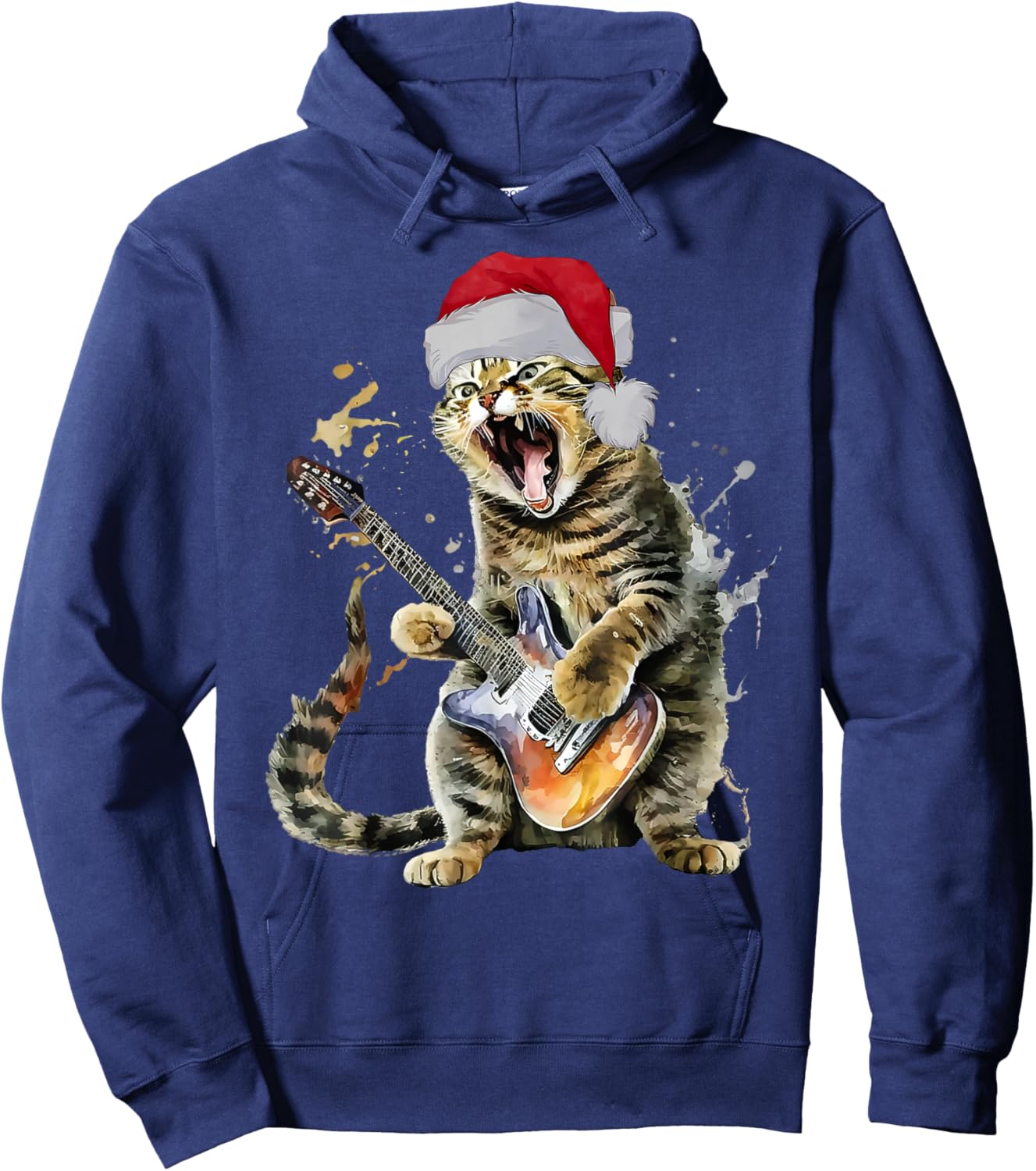 Christmas Cat Playing Guitar Musician Band Cat Lover Hoodie - Hoodie | Navy