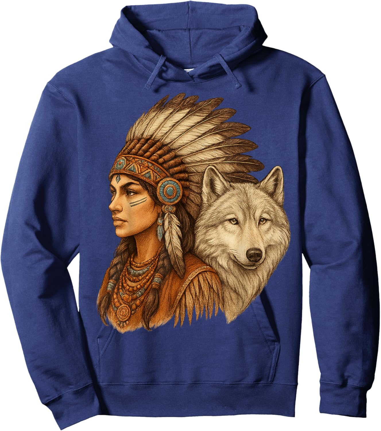 Indian Native American Woman with White Wolf Vitage Hoodie - Hoodie | Navy