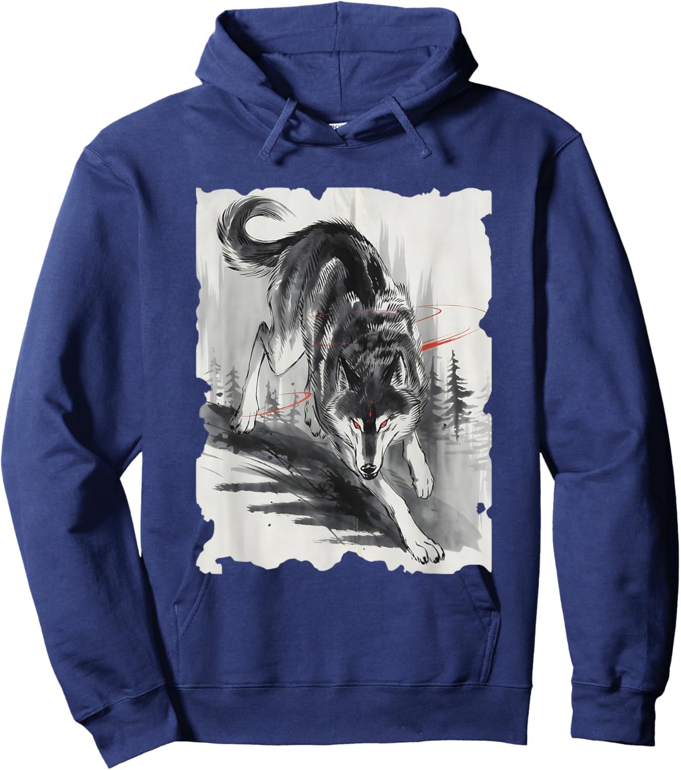 Wolf Sumi-e Graphic - Vintage Japanese Art Wolf Lover Hoodie - Hoodie | Navy