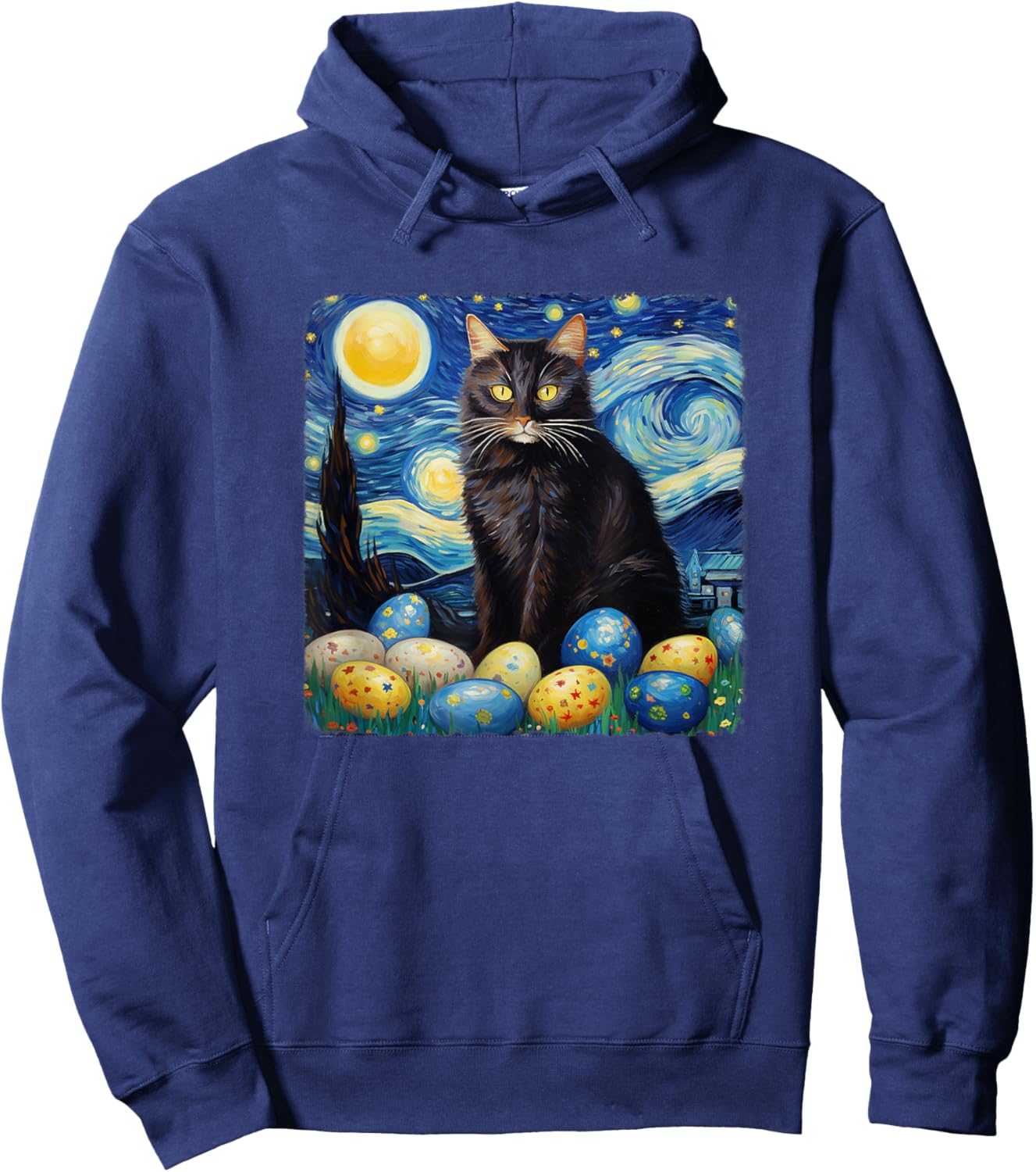 Easter Cat Starry Night by Vincent van Gogh Easter Egg Hoodie - Hoodie | Navy