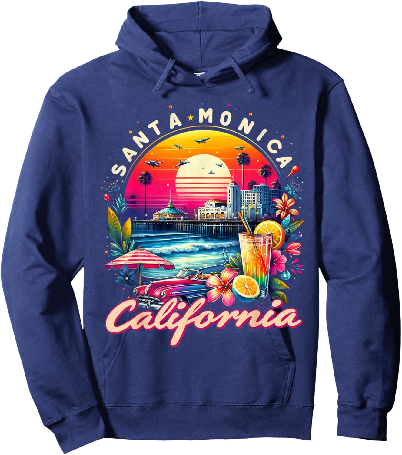 Sunset Vibes Santa Monica Trip Retro Santa Monica California Hoodie - Hoodie | Navy