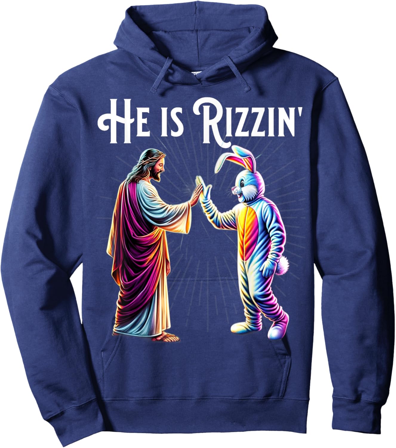 Funny Rizz He is Rizzin Jesus High Five Easter Bunny Hoodie - Hoodie | Navy