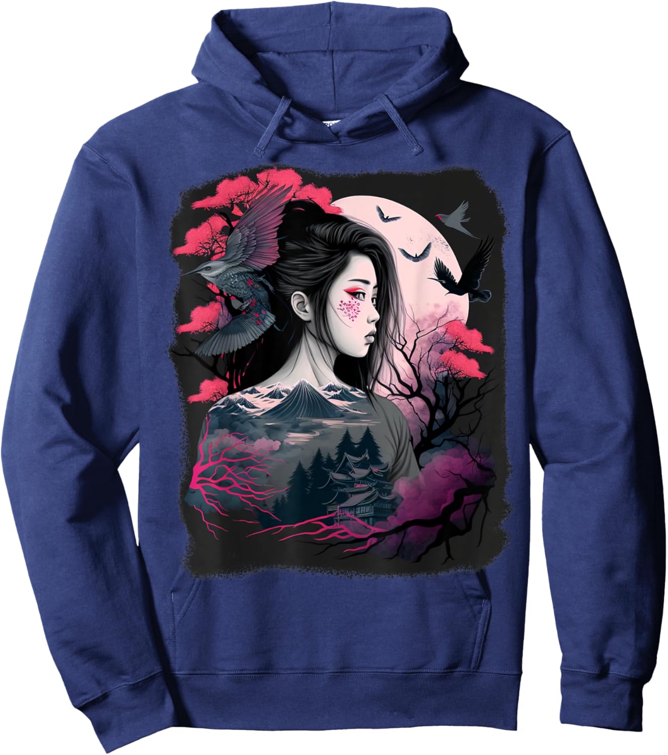 Japanese Samurai Girl Sakura Cherry Blossom Aesthetic Moon Hoodie - Hoodie | Navy
