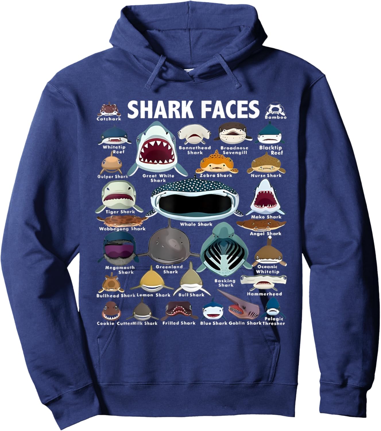 Types Of Shark Identification Shark Faces Marine Biology Hoodie - Hoodie | Navy