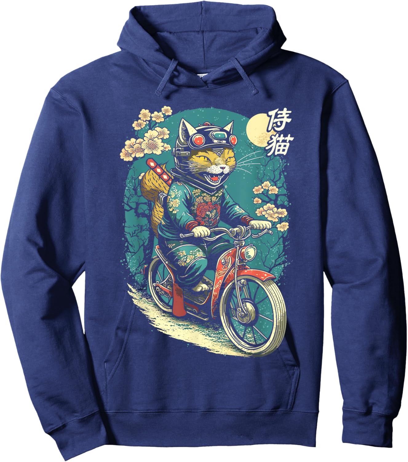 Japanese Samurai Cat on Motorcycle Kawaii Ninja Cat Men Women Kids Hoodie - Hoodie | Navy