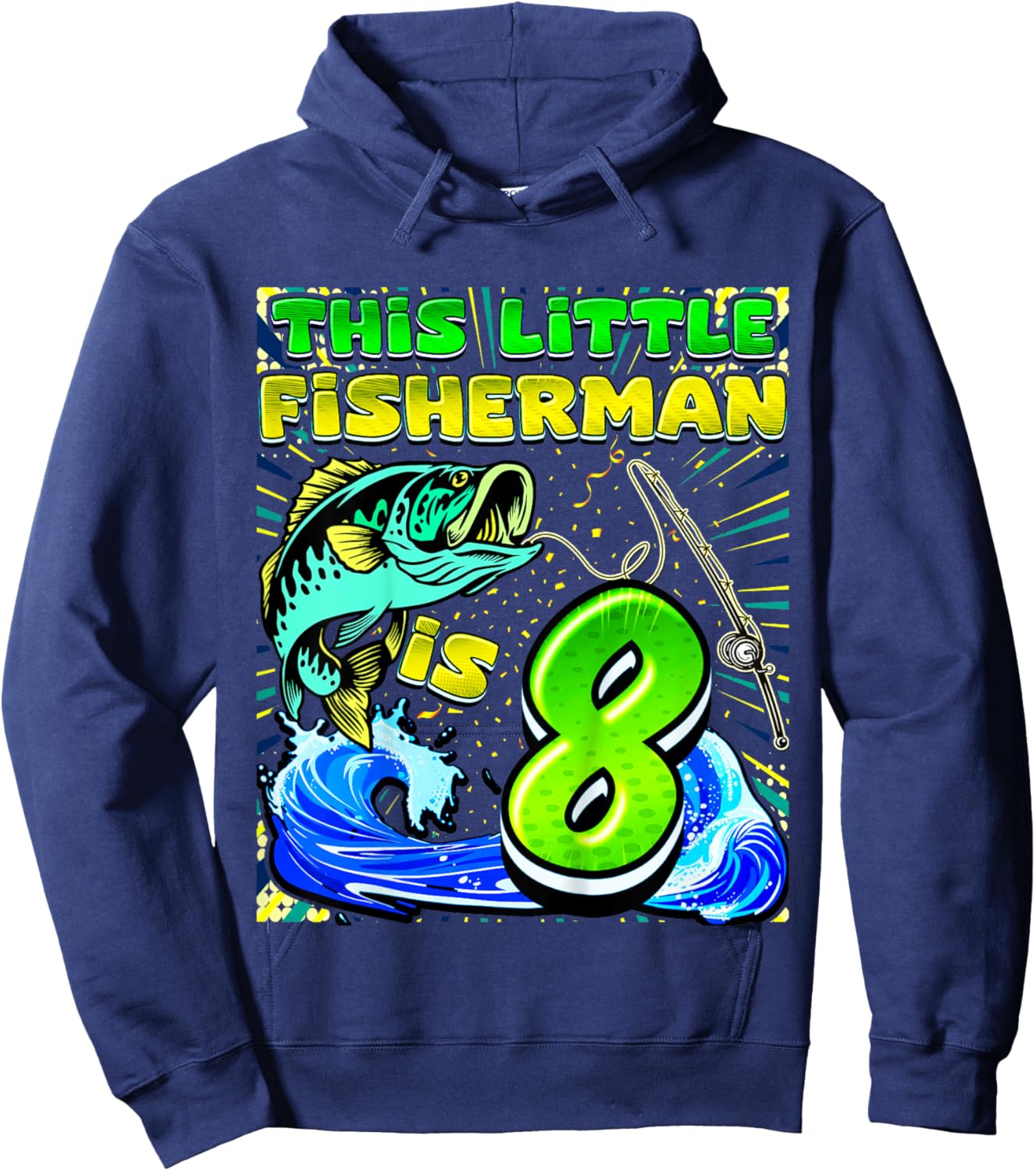 Kids Fishing Birthday Shirt 8 Year Old Boy Fisher 8th Bday Kids Hoodie - Hoodie | Navy
