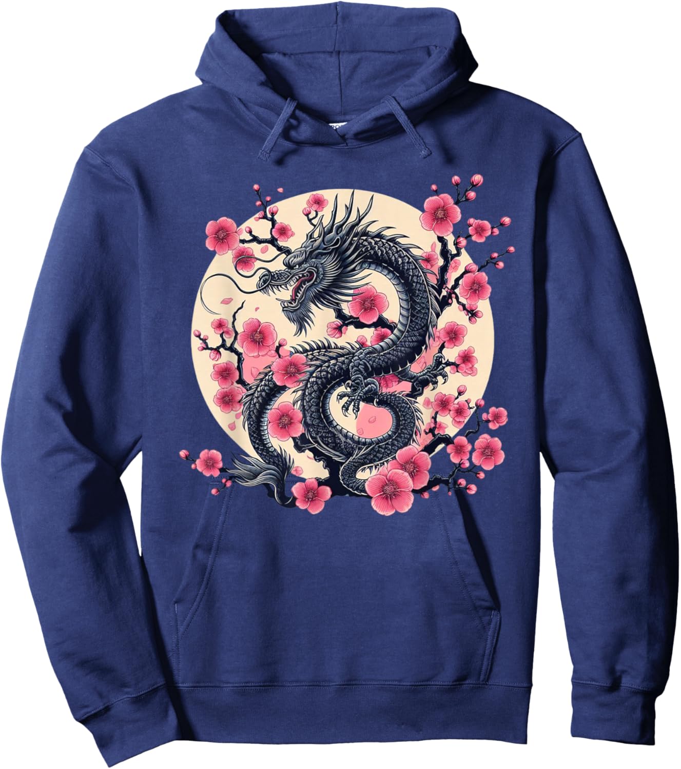 Vintage Chinese Dragon Asian Art Cherry Blossom Pink Flower Hoodie - Hoodie | Navy
