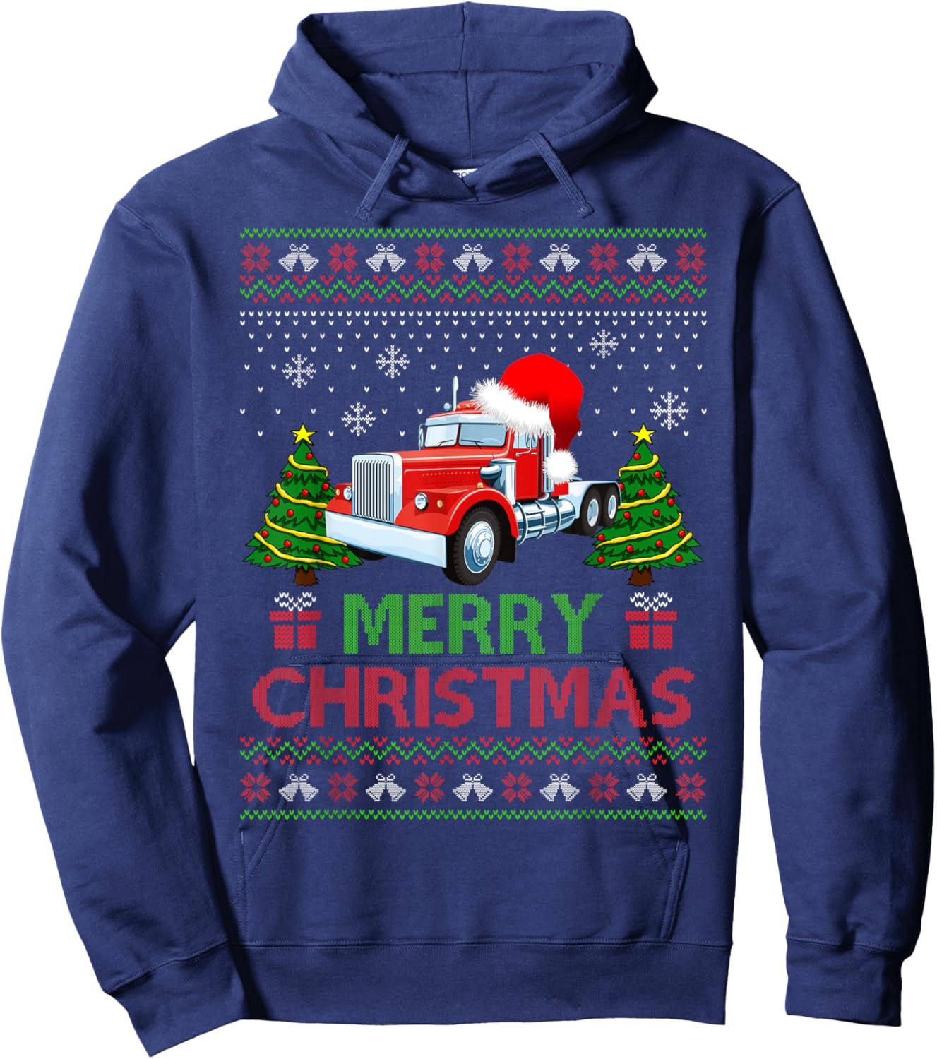 Merry Christmas Red Semi Truck Santa Hat Ugly Xmas Men Boys Hoodie - Hoodie | Navy