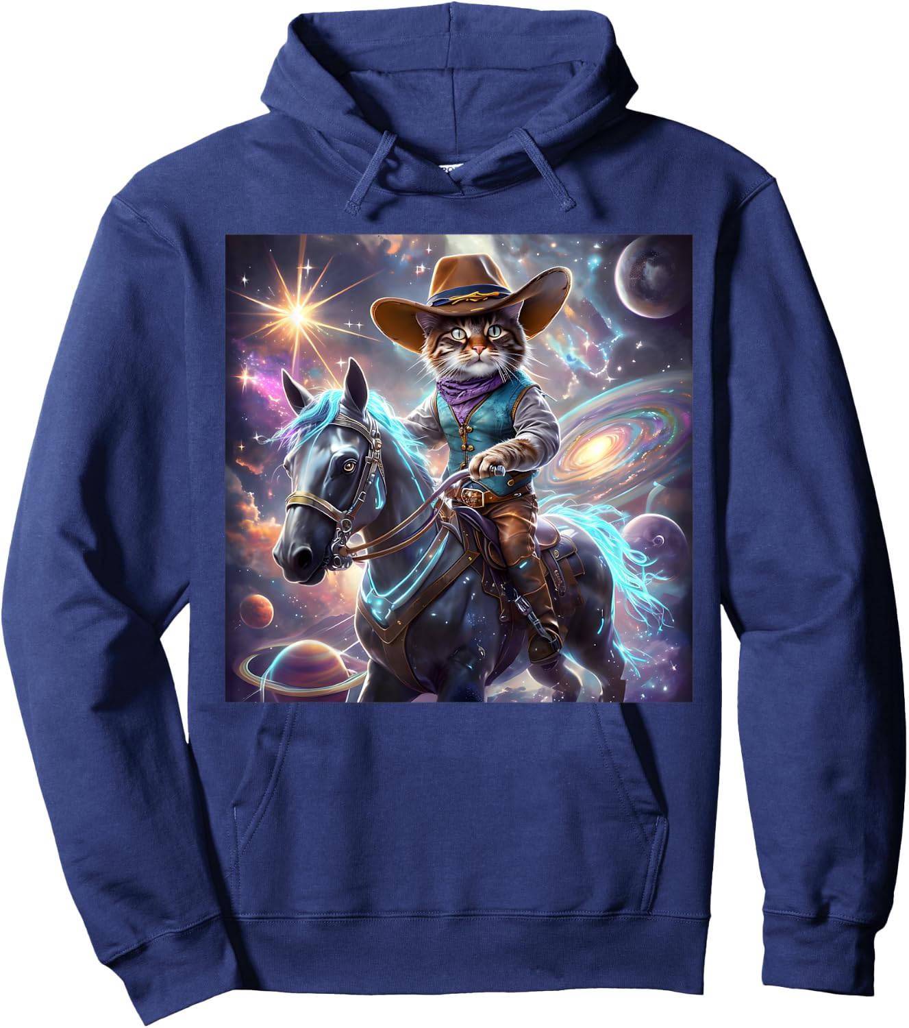 Cat Cowboy Rainbow Galaxy Kitten Riding Horse Cowboy Hat Hoodie - Hoodie | Navy