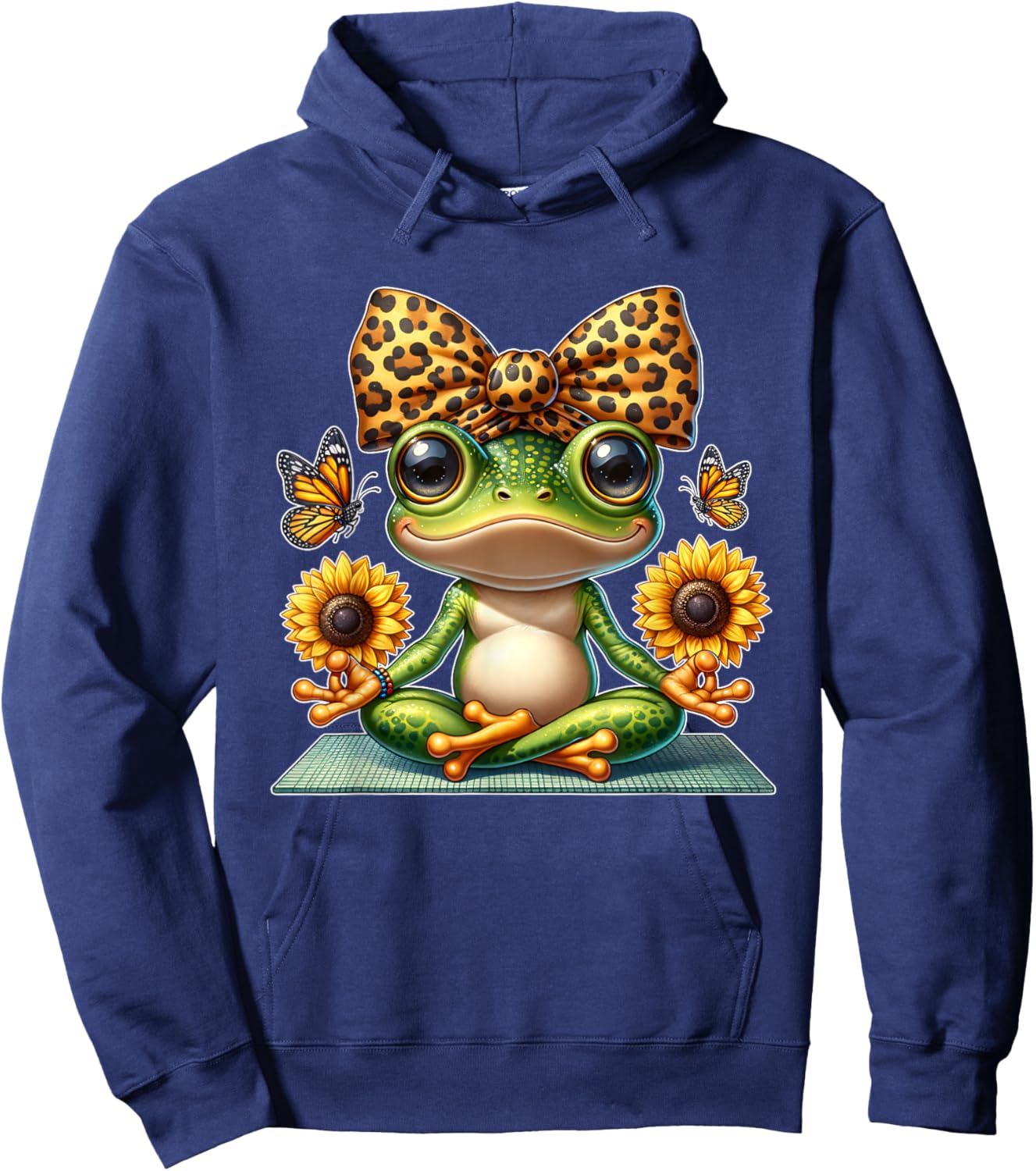 Cute Frog Yoga with Sunflowers and Butterflies Hoodie - Hoodie | Navy