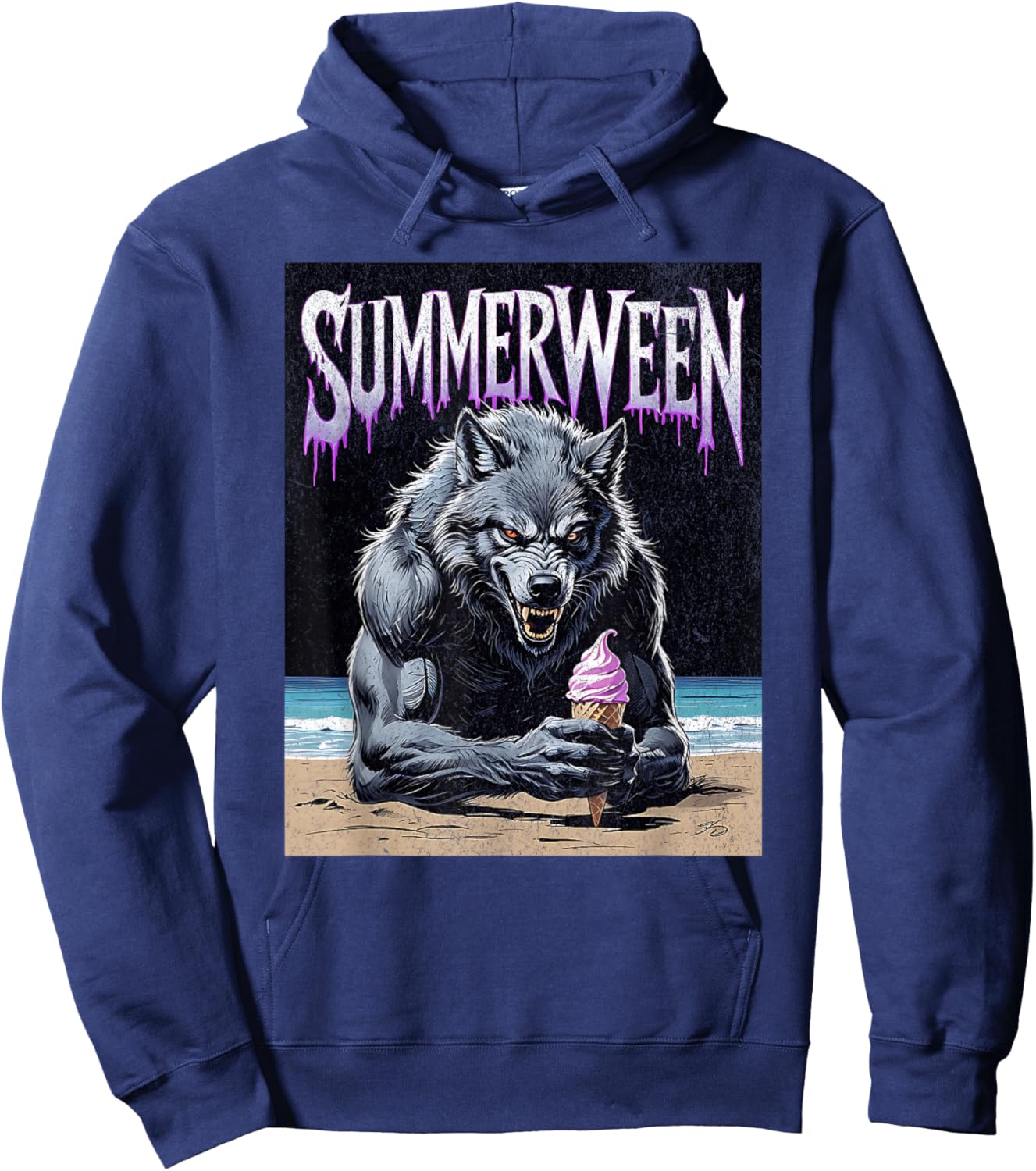 Summerween Werewolf Ice Cream Gothic Halloween Beach Hoodie - Hoodie | Navy