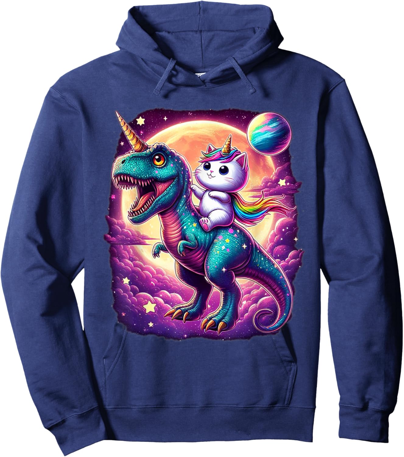 Cat Unicorn Riding Dinosaur T rex Kitten Lover Space Galaxy Hoodie - Hoodie | Navy