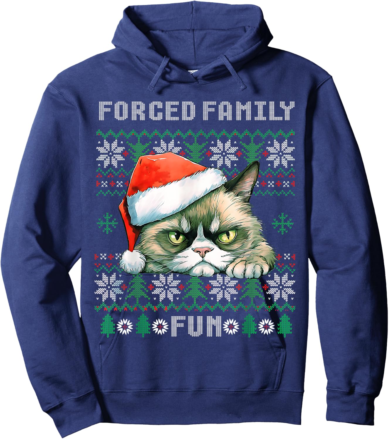 Forced Family Xmas Fun Funny Cat Lover Men Women Christmas Hoodie - Hoodie | Navy