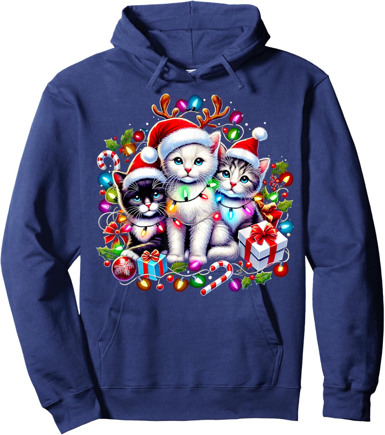 Cute Kittens Christmas Cheer Santa Hats Lights Cats Kittys Hoodie - Hoodie | Navy