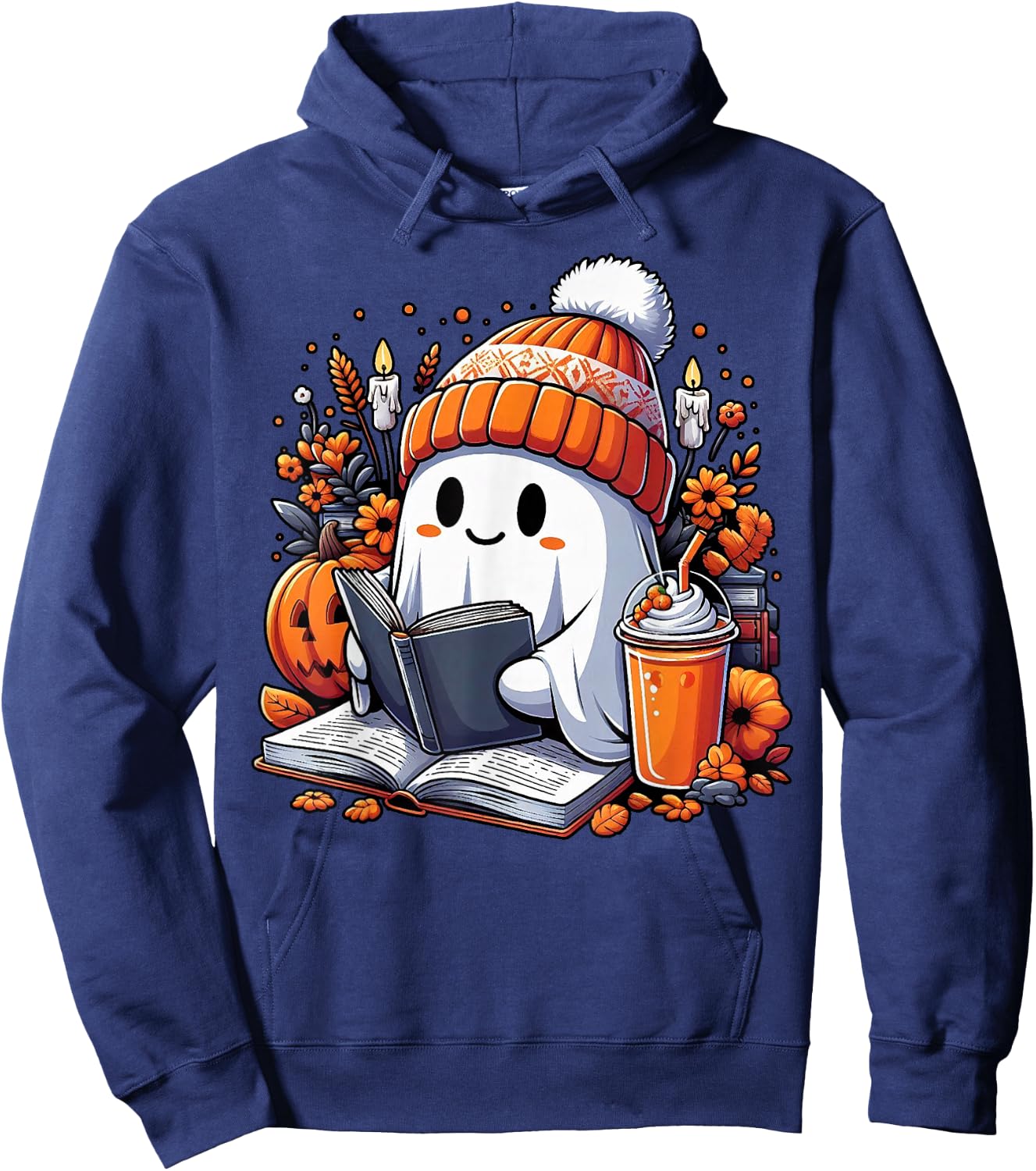 Ghost Drinking Coffee Book Reading Halloween Pumpkin Flower Hoodie - Hoodie | Navy