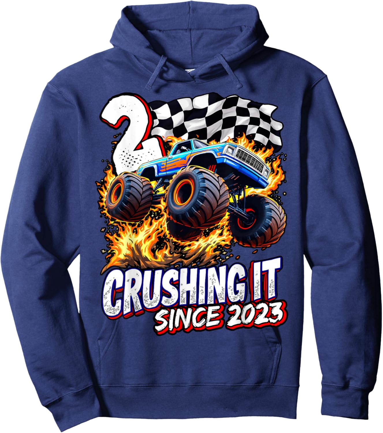 Birthday Monster Truck 2 Year Old Boys 2nd Party Born 2023 Hoodie - Hoodie | Navy