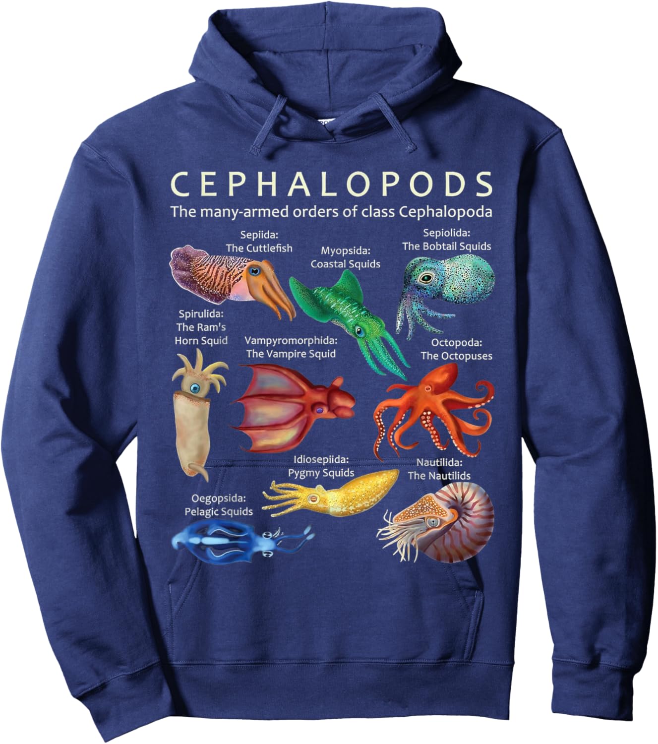 The Cephalopod Octopus Squid Cuttlefish and Nautilus Sea Hoodie - Hoodie | Navy